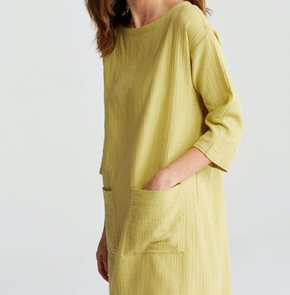 Eileen Fisher Gauze Cotton Boat Neck Tunic Dress Pocket Front Sz S Lime Yellow